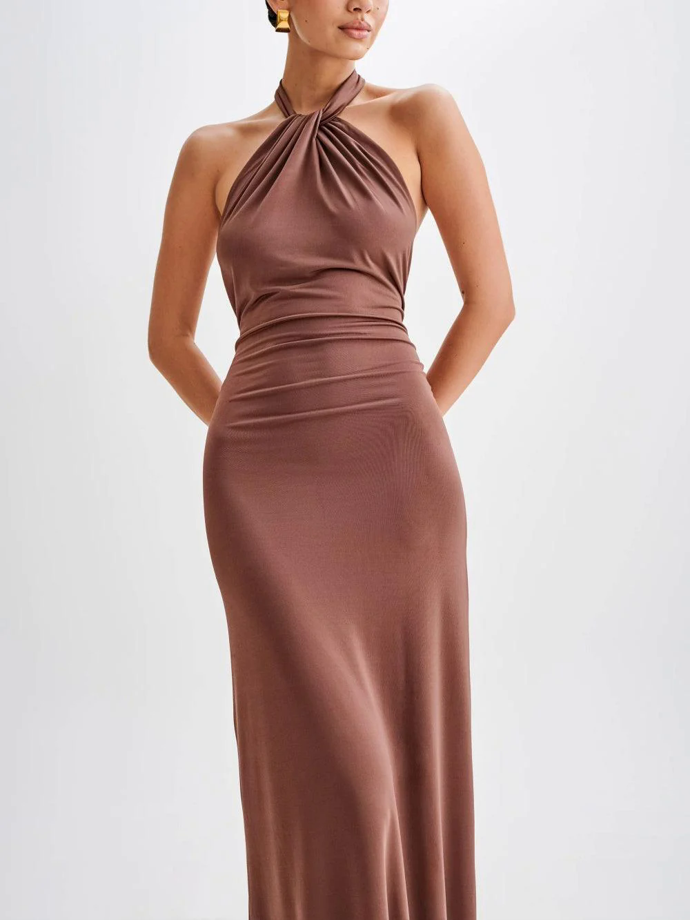 Slinky Halter Maxi Dress - Brown Slinky Halter Maxi Dress - Brown