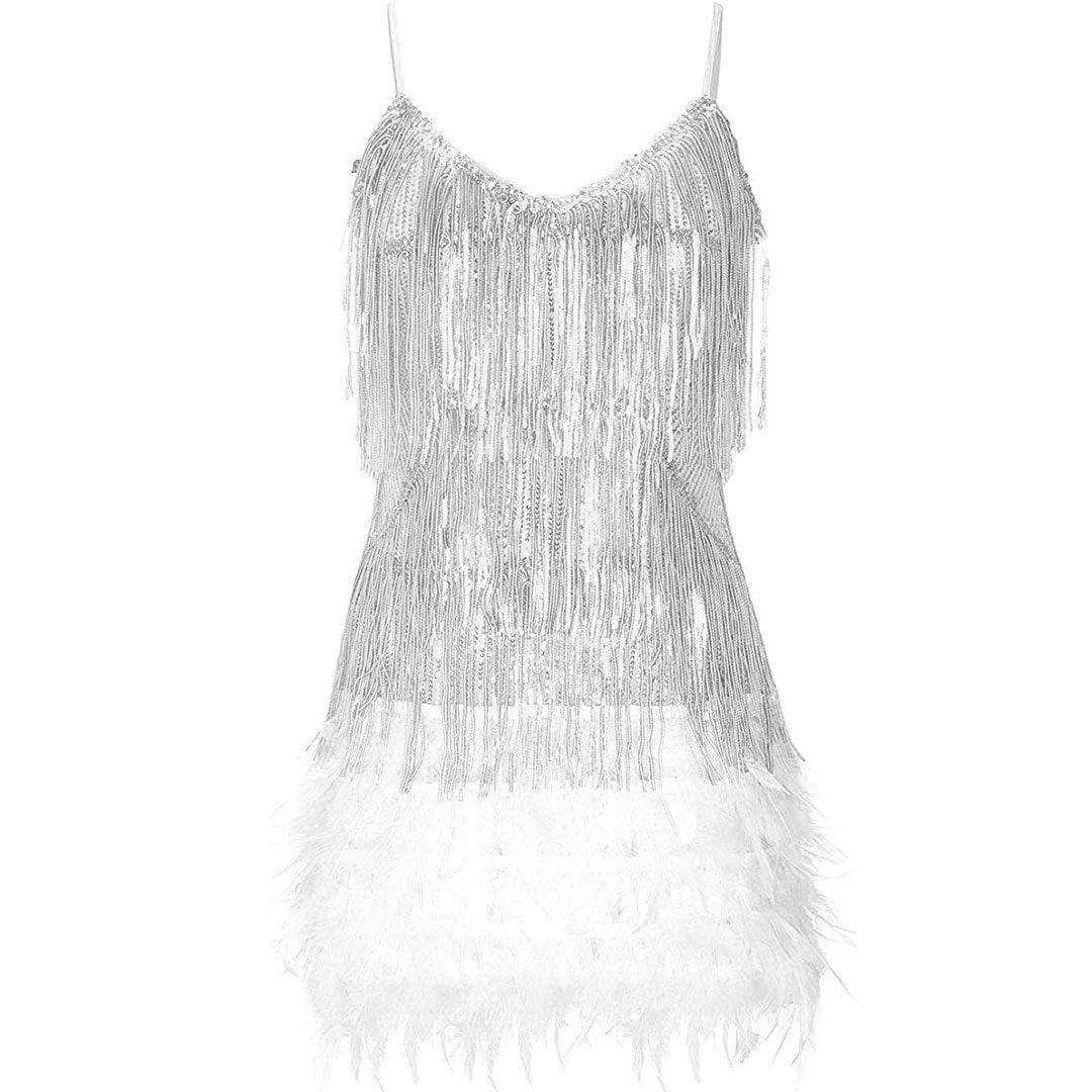 Shimmery Scoop Neck Sequin Fringe Feather Slip Flapper Mini Dress Shimmery Scoop Neck Sequin Fringe Feather Slip Flapper Mini Dress