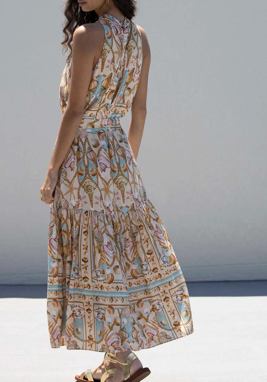 Exquisite Satin Ocean Treasure Print Maxi Dress Exquisite Satin Ocean Treasure Print Maxi Dress