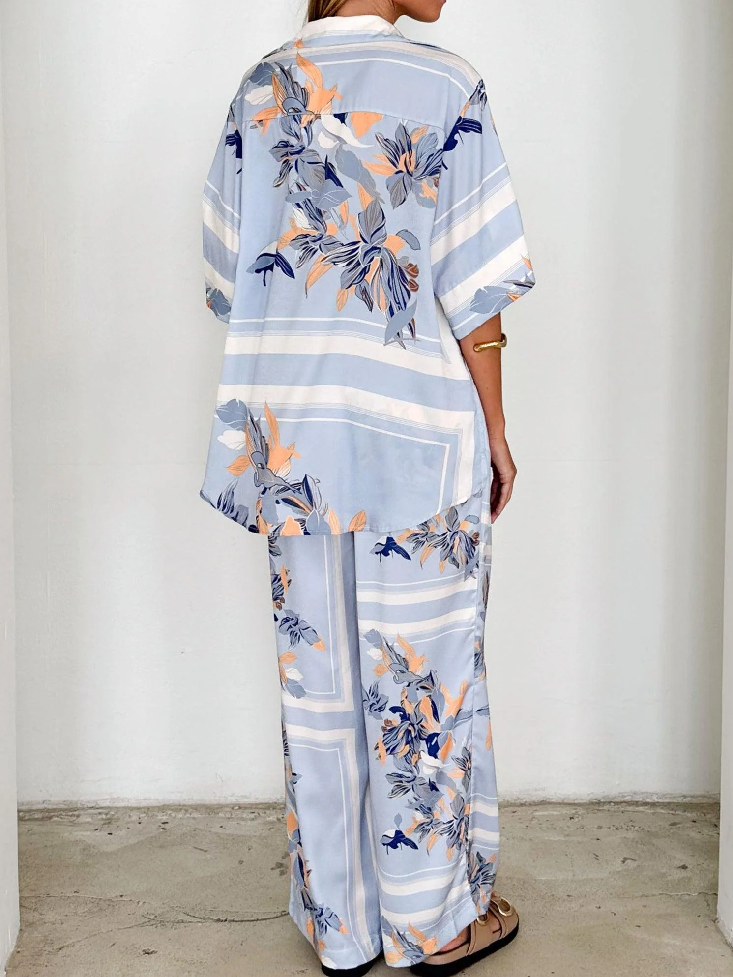 Powder Blue Floral Casual Loose Shirt and Trousers Set Powder Blue Floral Casual Loose Shirt and Trousers Set