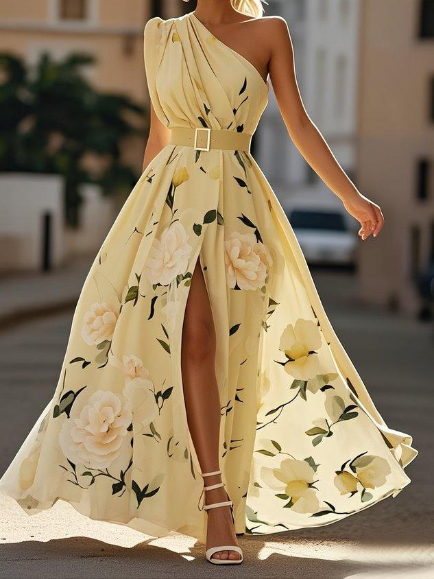 Light Green Floral Ruched One Shoulder A-Line Maxi Chiffon Dress Light Green Floral Ruched One Shoulder A-Line Maxi Chiffon Dress