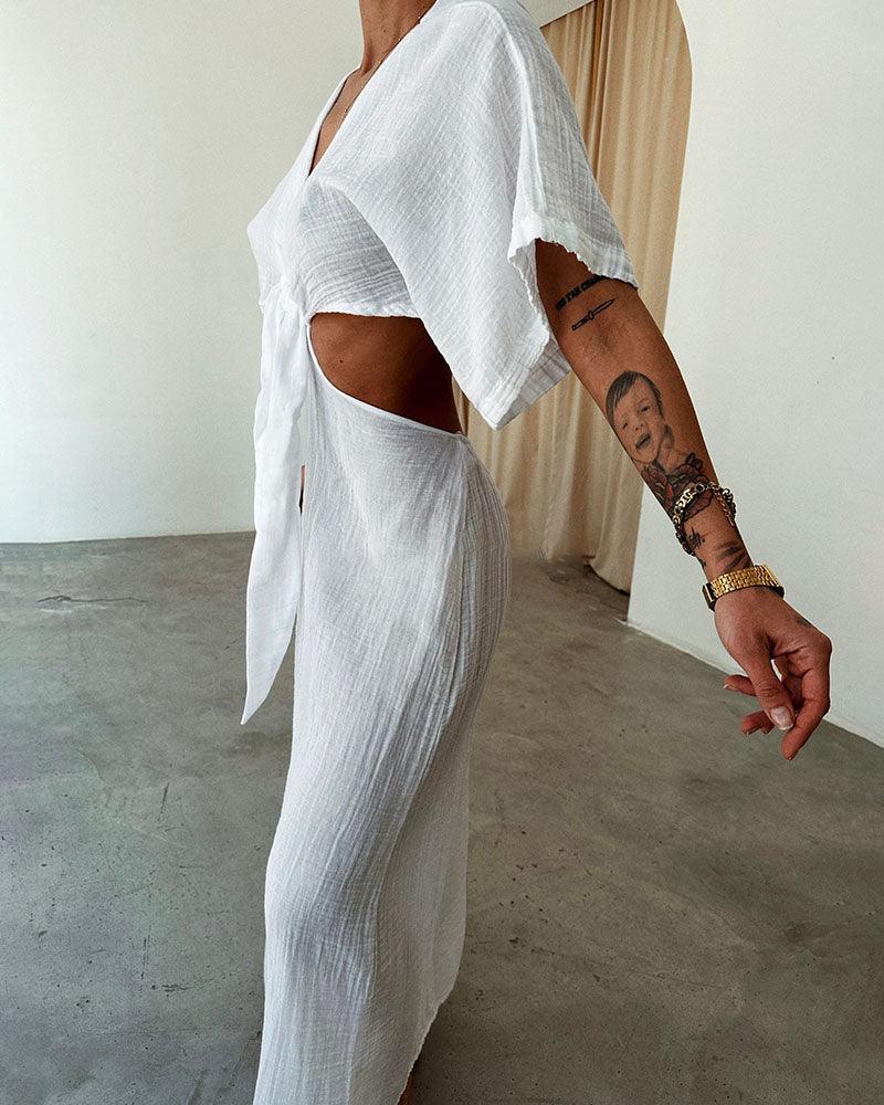 Lace-up exposed waist cotton and linen dress Lace-up exposed waist cotton and linen dress