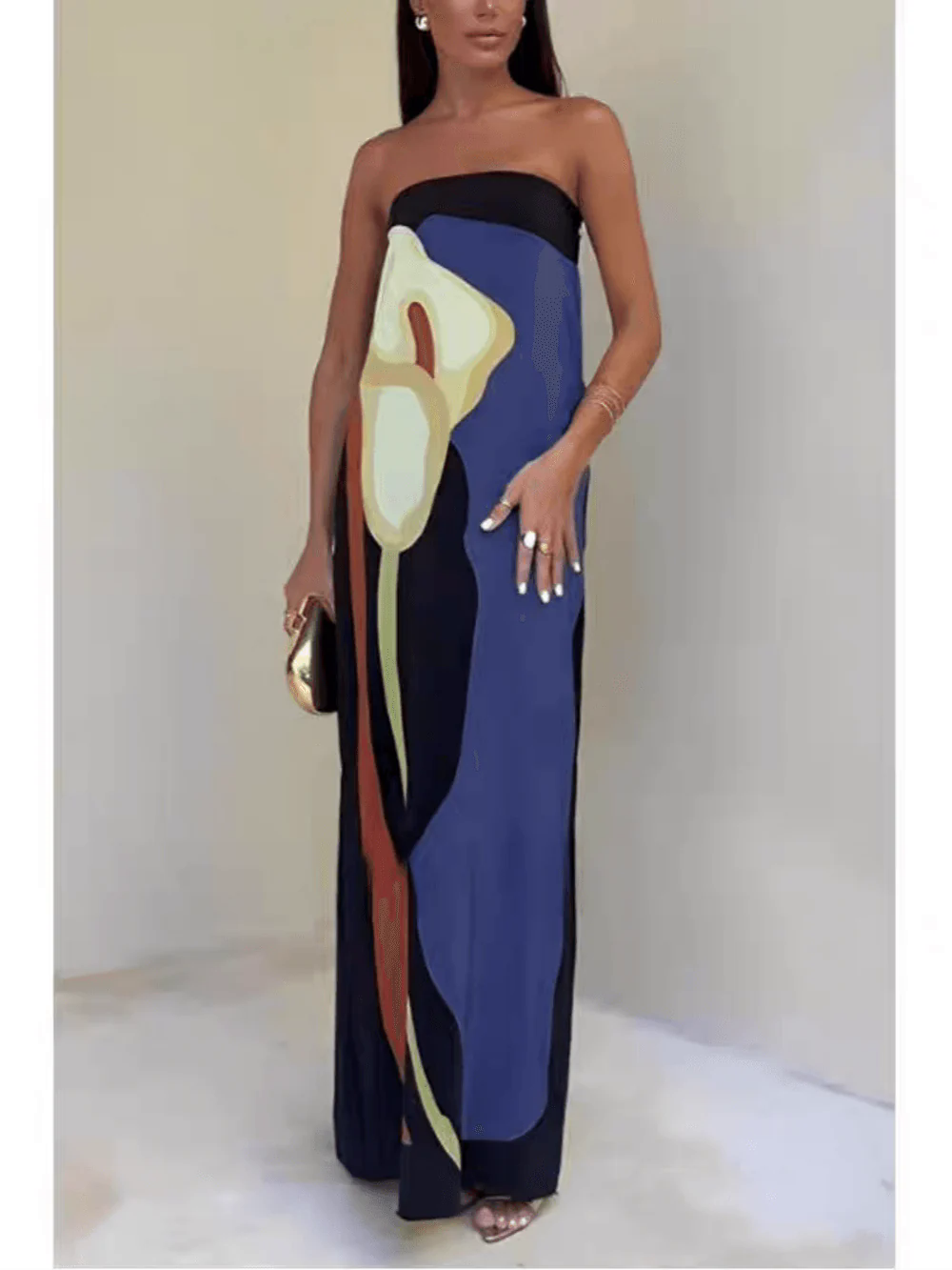 Strapless Color Block Printed Maxi Party Dress Strapless Color Block Printed Maxi Party Dress