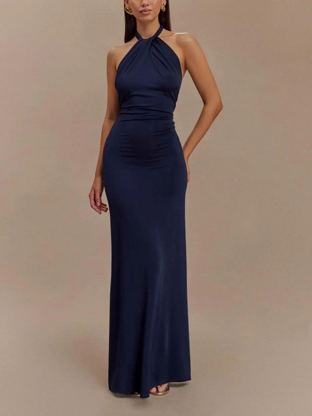 Slinky Halter Maxi Dress - Brown Slinky Halter Maxi Dress - Brown