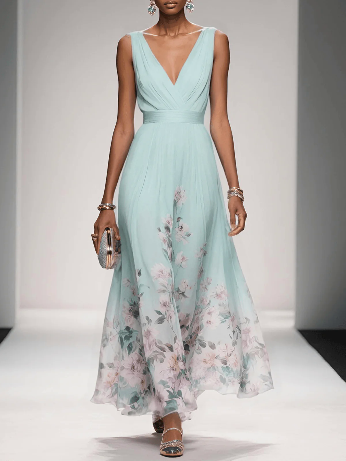 Light Blue Floral Chiffon V Neck Sleeveless A-Line Maxi Dress Light Blue Floral Chiffon V Neck Sleeveless A-Line Maxi Dress