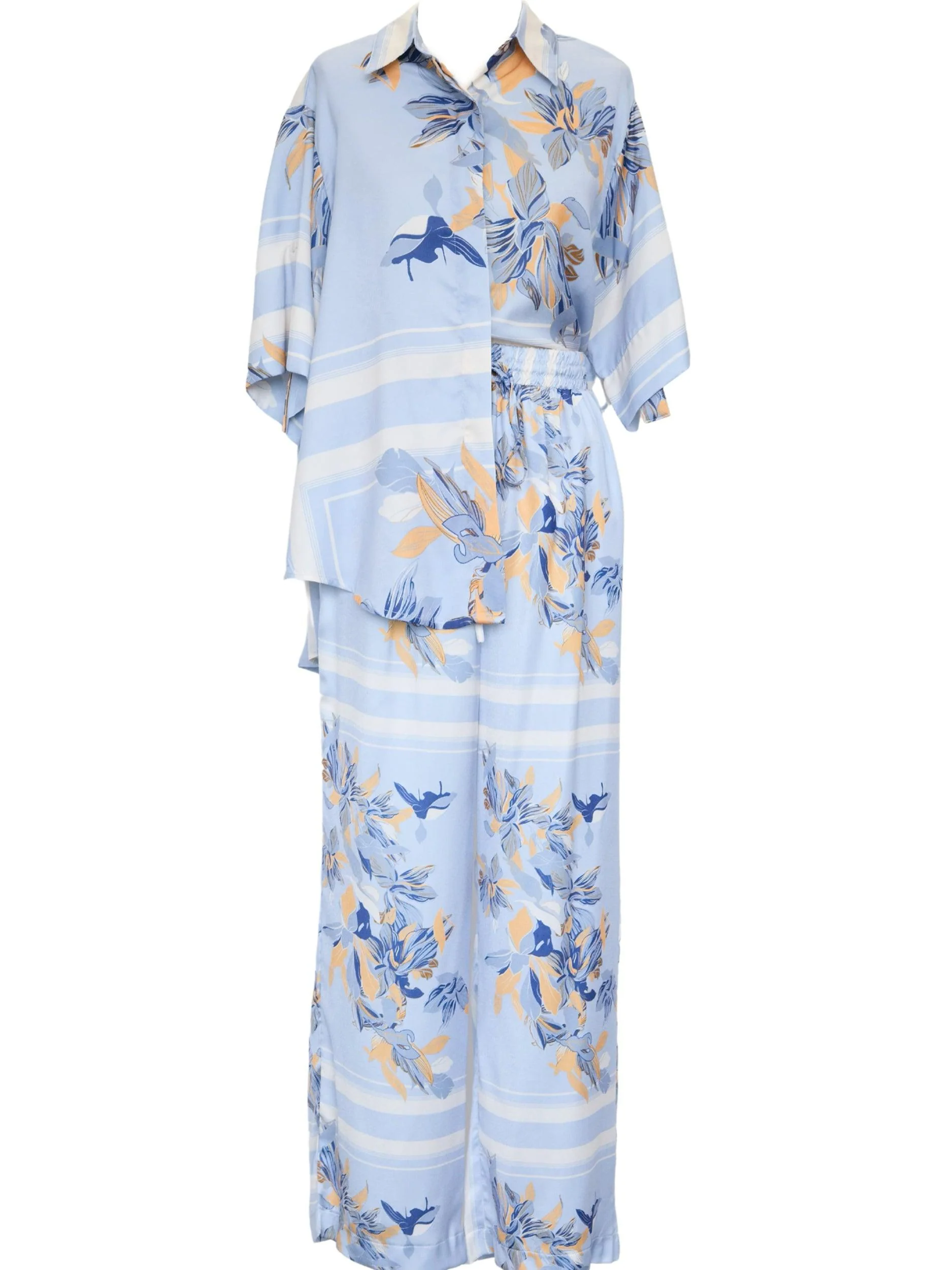 Powder Blue Floral Casual Loose Shirt and Trousers Set Powder Blue Floral Casual Loose Shirt and Trousers Set
