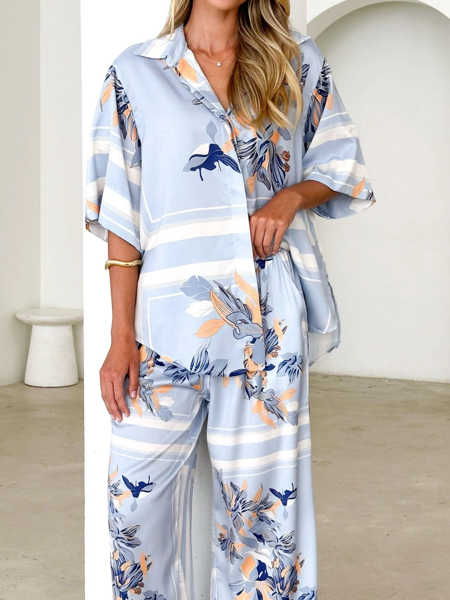 Powder Blue Floral Casual Loose Shirt and Trousers Set Powder Blue Floral Casual Loose Shirt and Trousers Set