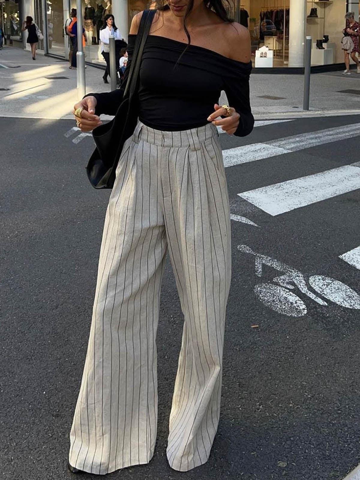 Pinstripe Zippered Wide Leg Pants Pinstripe Zippered Wide Leg Pants