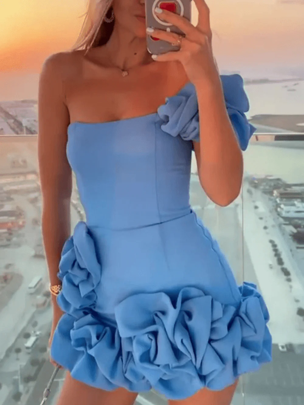 Ruffled flower bud waist dress one-shoulder tube top hip skirt