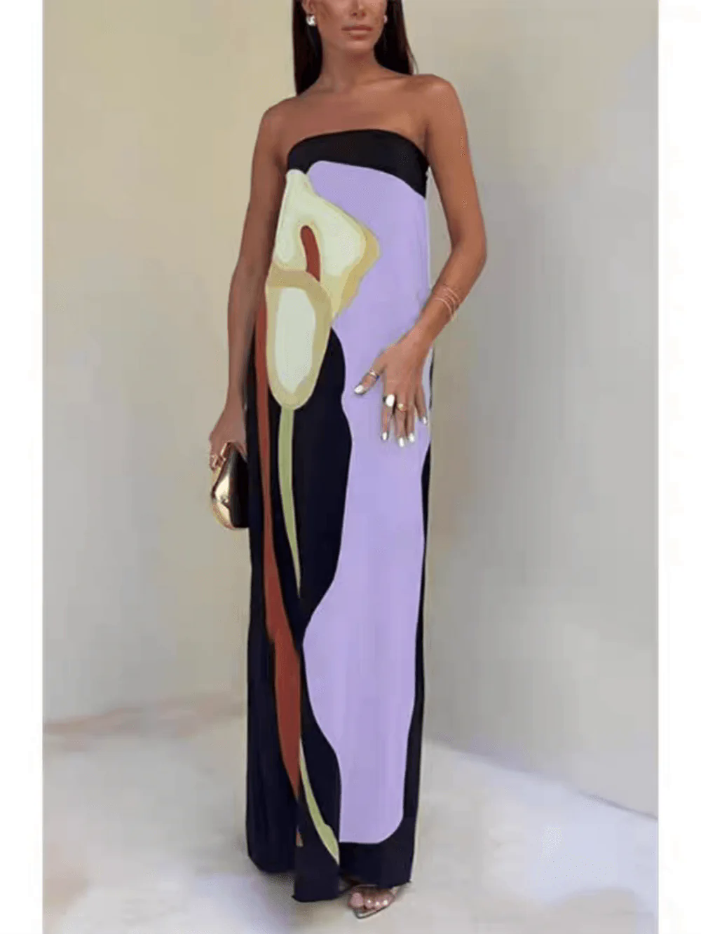 Strapless Color Block Printed Maxi Party Dress Strapless Color Block Printed Maxi Party Dress
