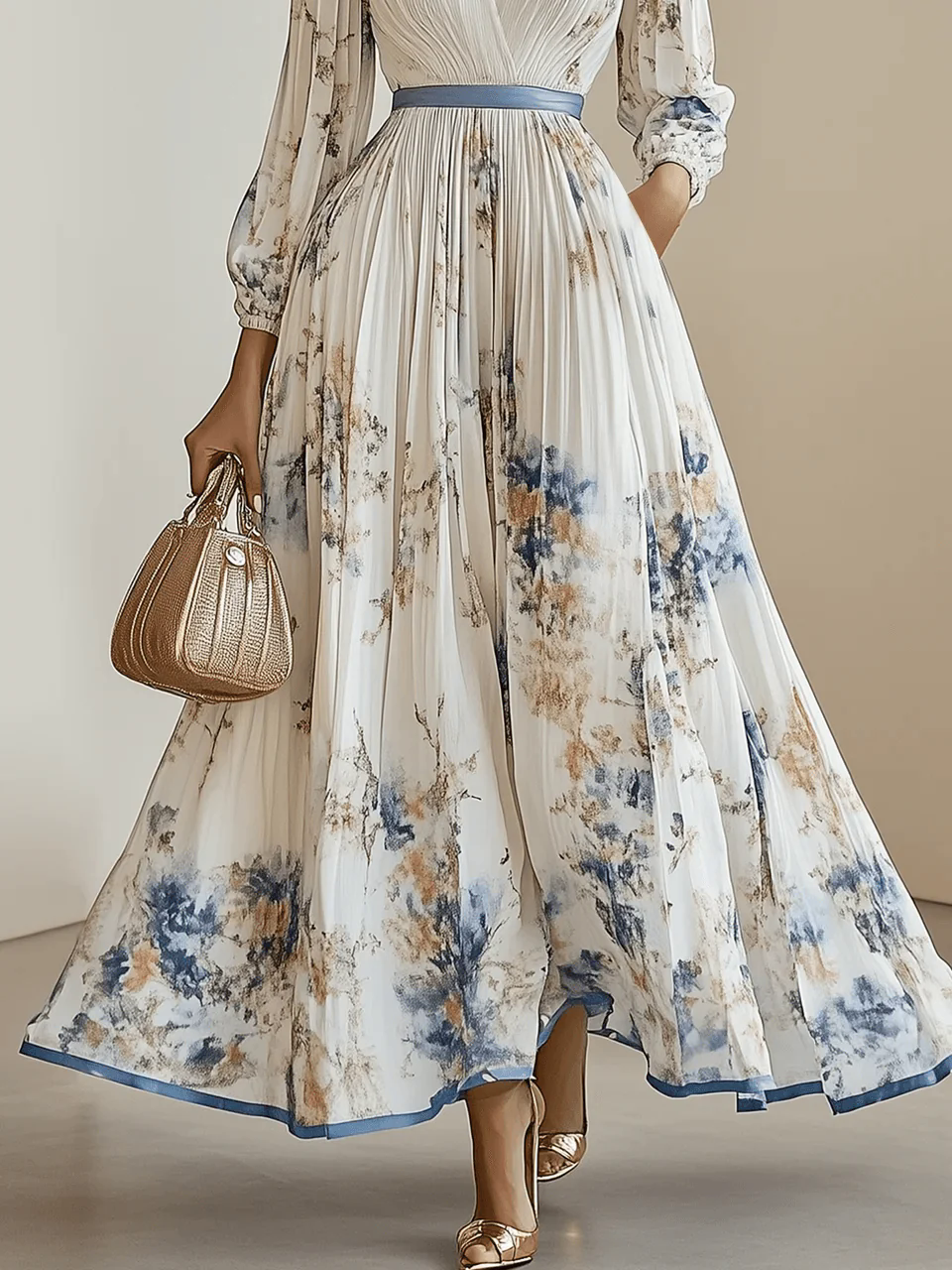 Spring New White Pleated Chiffon V Neck Floral Long Sleeve Balloon Sleeve A-Line Maxi Dress Spring New White Pleated Chiffon V Neck Floral Long Sleeve Balloon Sleeve A-Line Maxi Dress