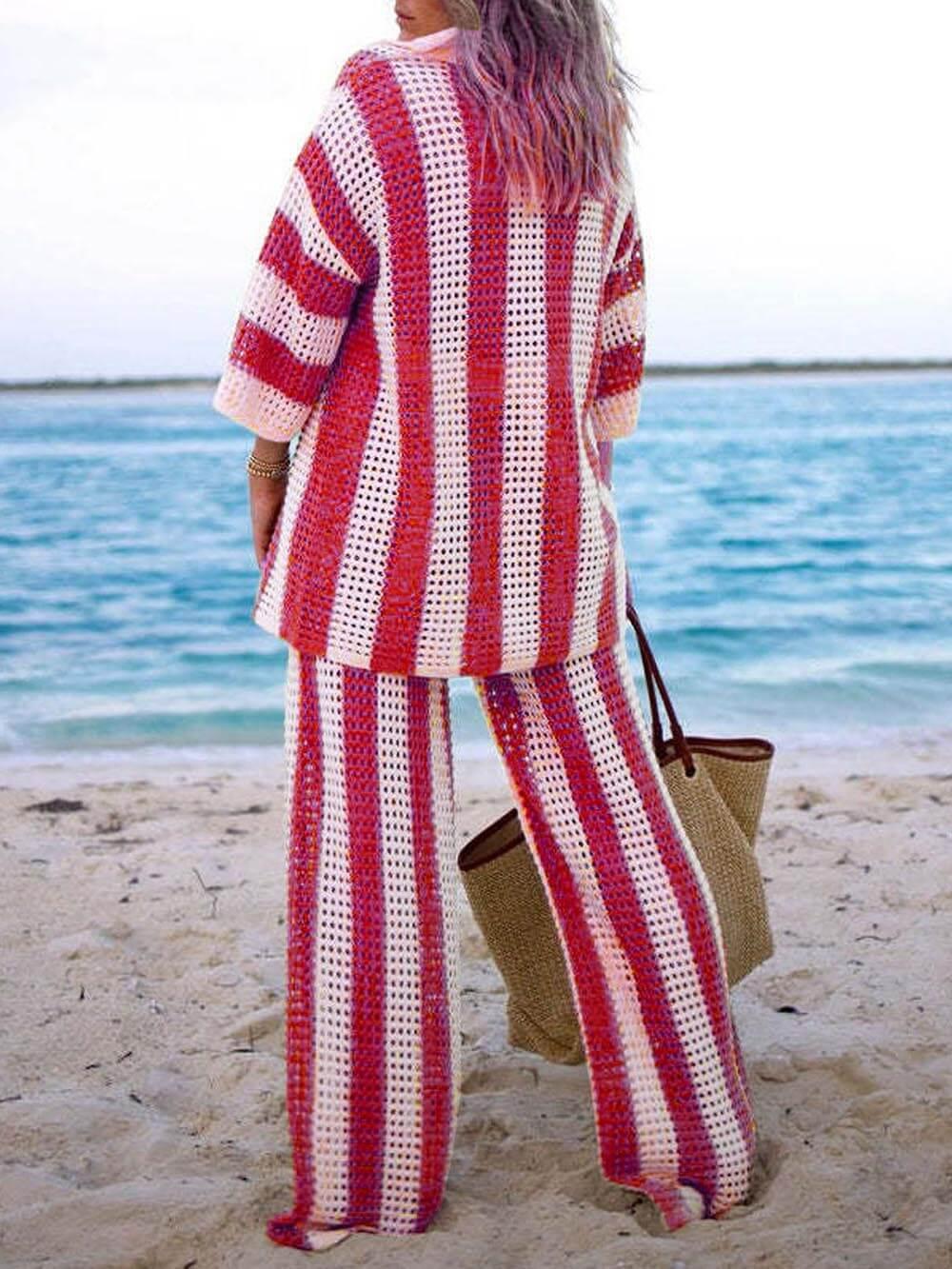 Loose V-Neck Fashion Hollow Out Striped Shirt Wide Leg Pants Set Loose V-Neck Fashion Hollow Out Striped Shirt Wide Leg Pants Set