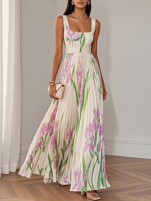 White Pleated Floral Chiffon Square Neck Sleeveless A-Line Maxi Dress White Pleated Floral Chiffon Square Neck Sleeveless A-Line Maxi Dress