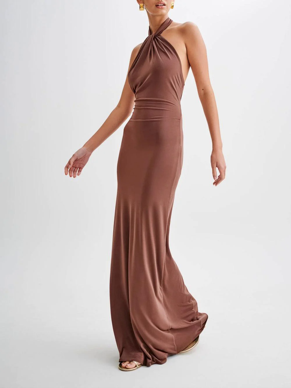 Slinky Halter Maxi Dress - Brown Slinky Halter Maxi Dress - Brown