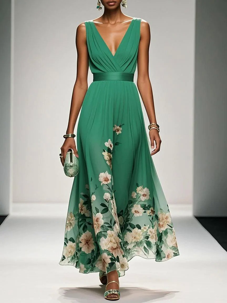 Light Blue Floral Chiffon V Neck Sleeveless A-Line Maxi Dress Light Blue Floral Chiffon V Neck Sleeveless A-Line Maxi Dress