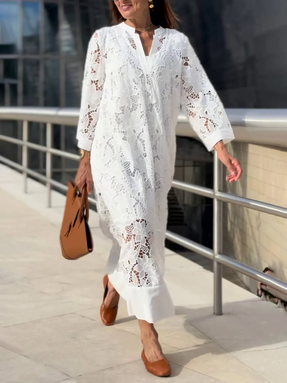 Flower Lace V-Neck Bell Sleeve Loose Midi Dress Flower Lace V-Neck Bell Sleeve Loose Midi Dress