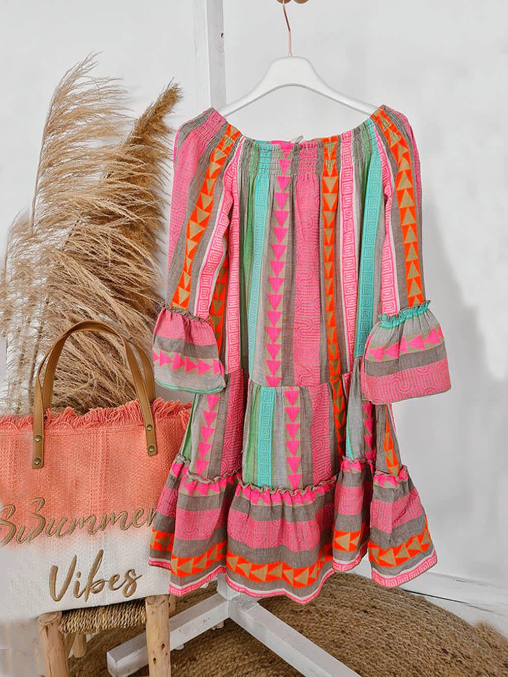Ethnic Print Linen Blend Off Shoulder Loose Mini Dress Ethnic Print Linen Blend Off Shoulder Loose Mini Dress
