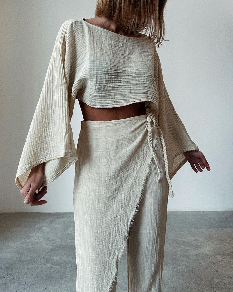 Woven lace-up cotton and linen two-piece set Woven lace-up cotton and linen two-piece set