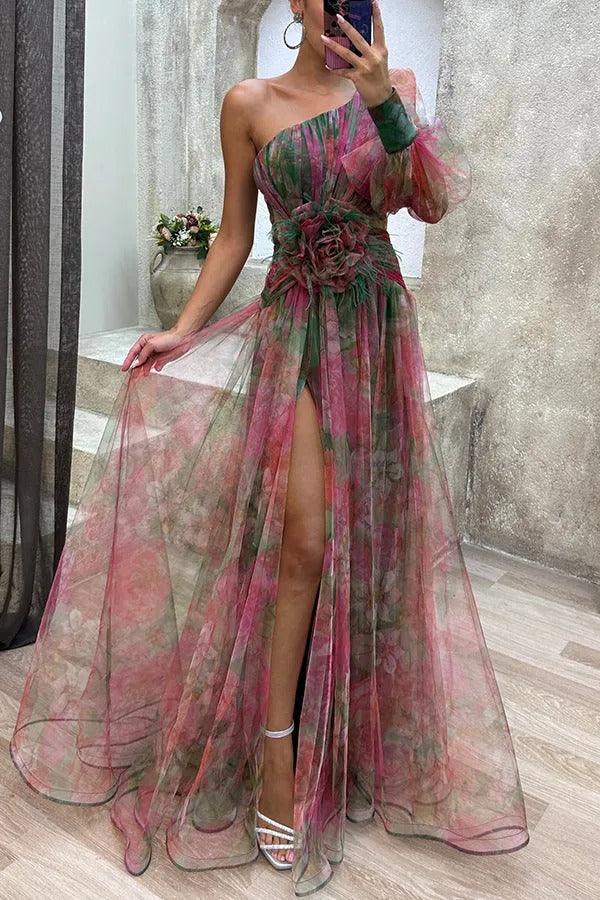 Picturesque Beauty Tulle Floral Pleated One Shoulder Sleeve Slit Maxi Dress Picturesque Beauty Tulle Floral Pleated One Shoulder Sleeve Slit Maxi Dress