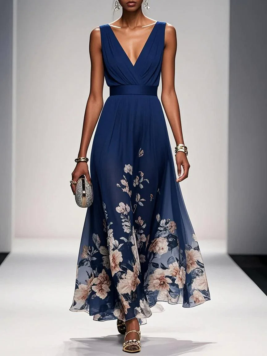 Light Blue Floral Chiffon V Neck Sleeveless A-Line Maxi Dress Light Blue Floral Chiffon V Neck Sleeveless A-Line Maxi Dress