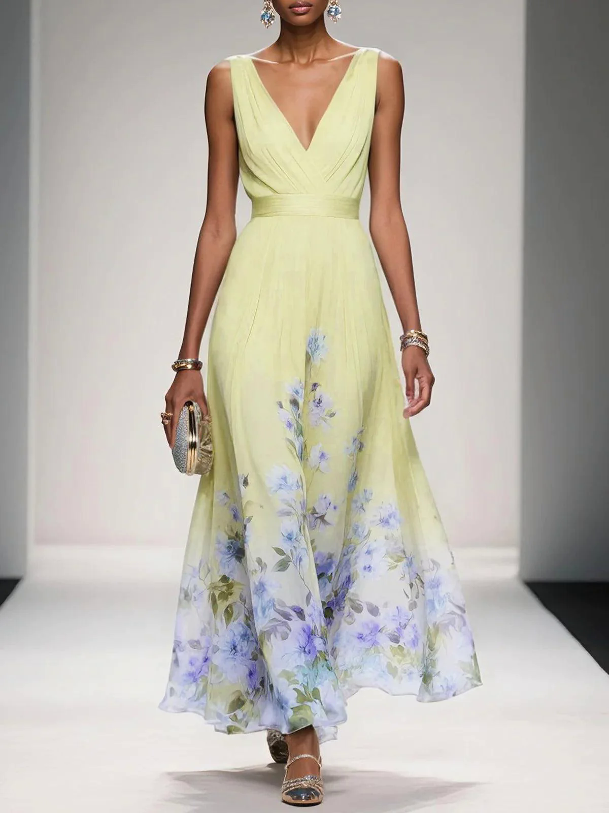 Light Blue Floral Chiffon V Neck Sleeveless A-Line Maxi Dress Light Blue Floral Chiffon V Neck Sleeveless A-Line Maxi Dress