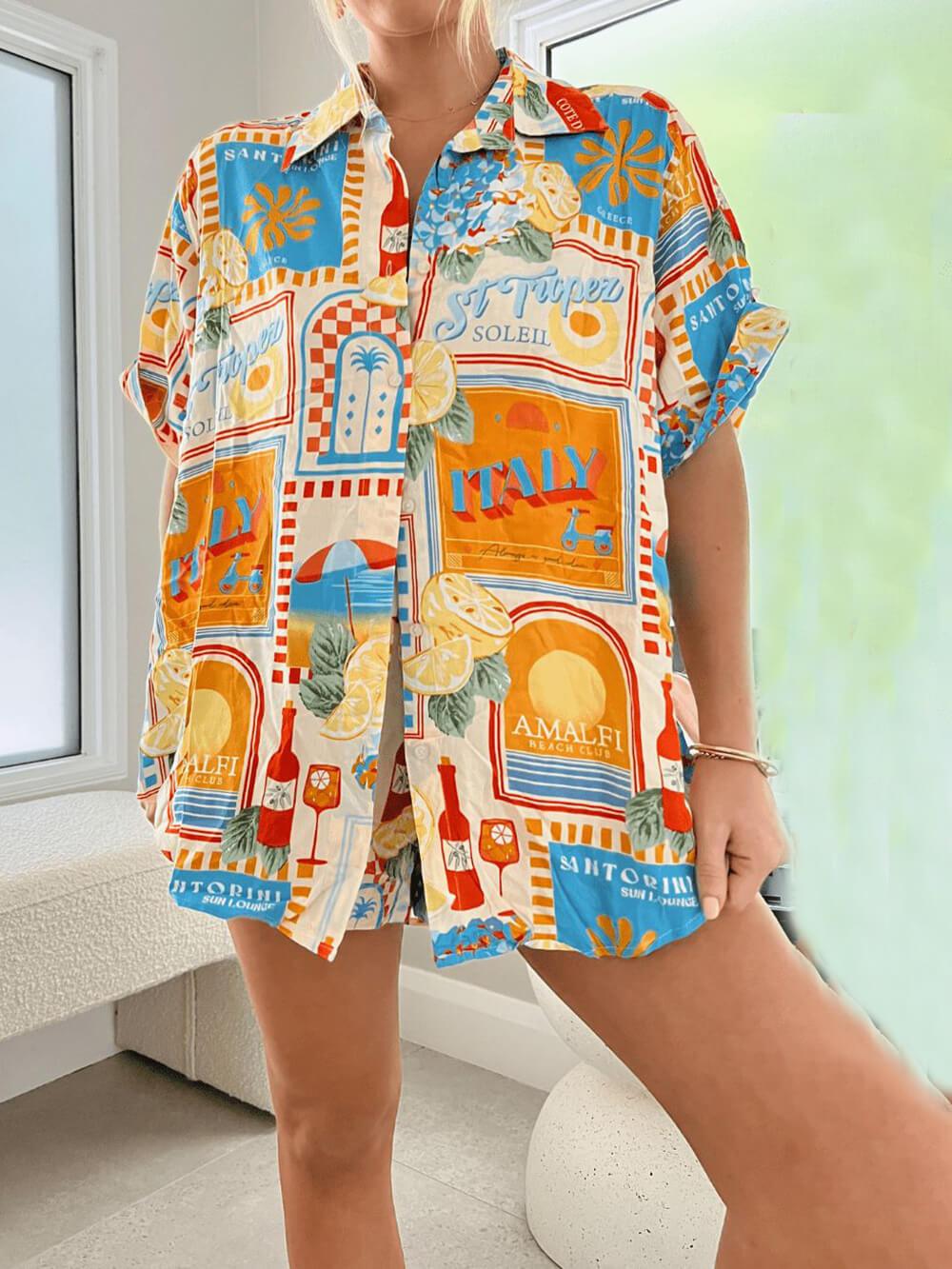 Loose Sun Lounger Printed Shirt Shorts Set Loose Sun Lounger Printed Shirt Shorts Set
