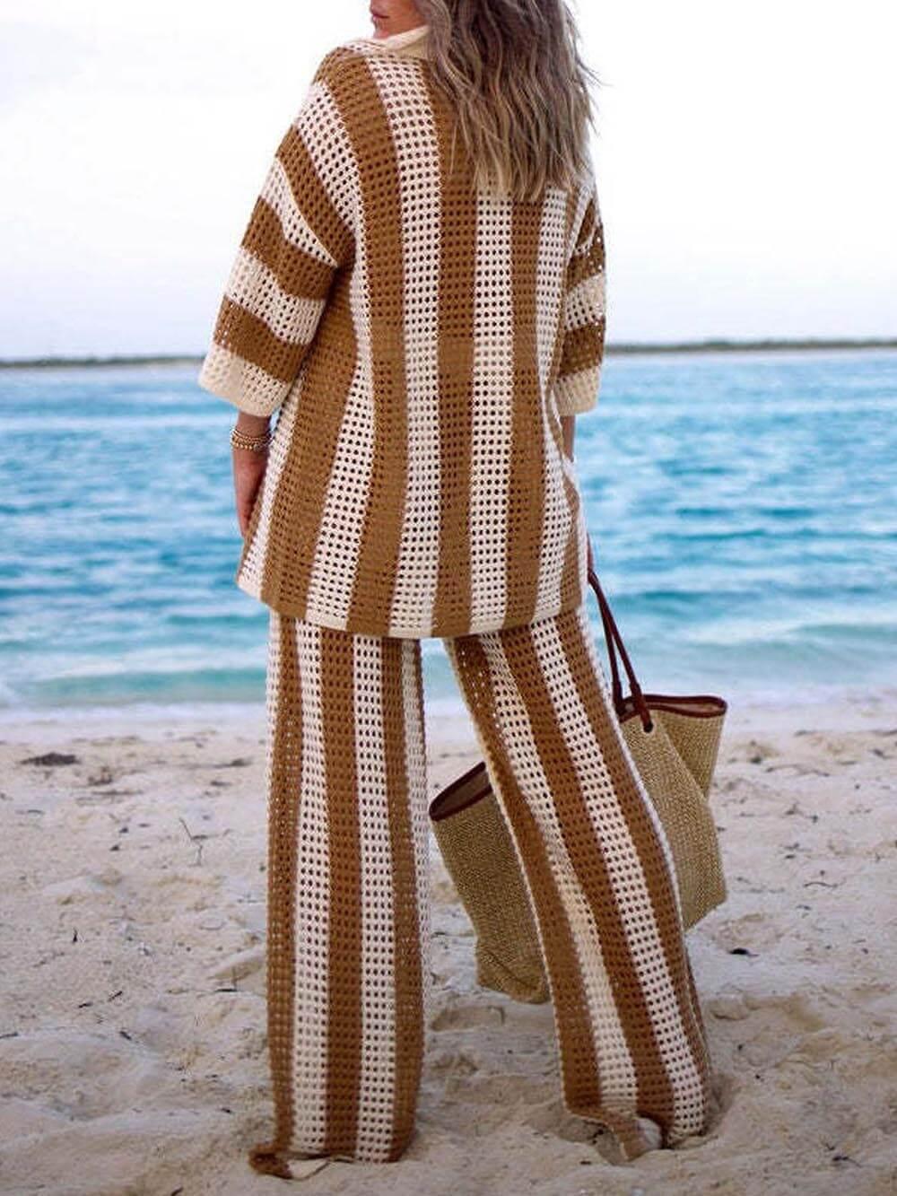 Loose V-Neck Fashion Hollow Out Striped Shirt Wide Leg Pants Set Loose V-Neck Fashion Hollow Out Striped Shirt Wide Leg Pants Set