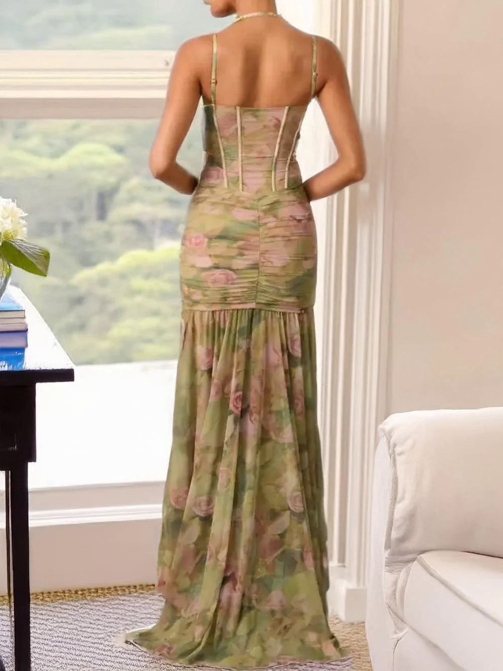 Green Floral Dress Ruffled Asymmetric Bodycon Gown Green Floral Dress Ruffled Asymmetric Bodycon Gown