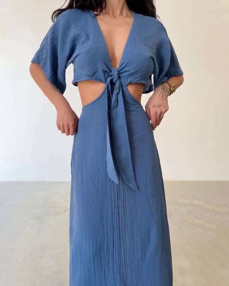 Lace-up exposed waist cotton and linen dress Lace-up exposed waist cotton and linen dress