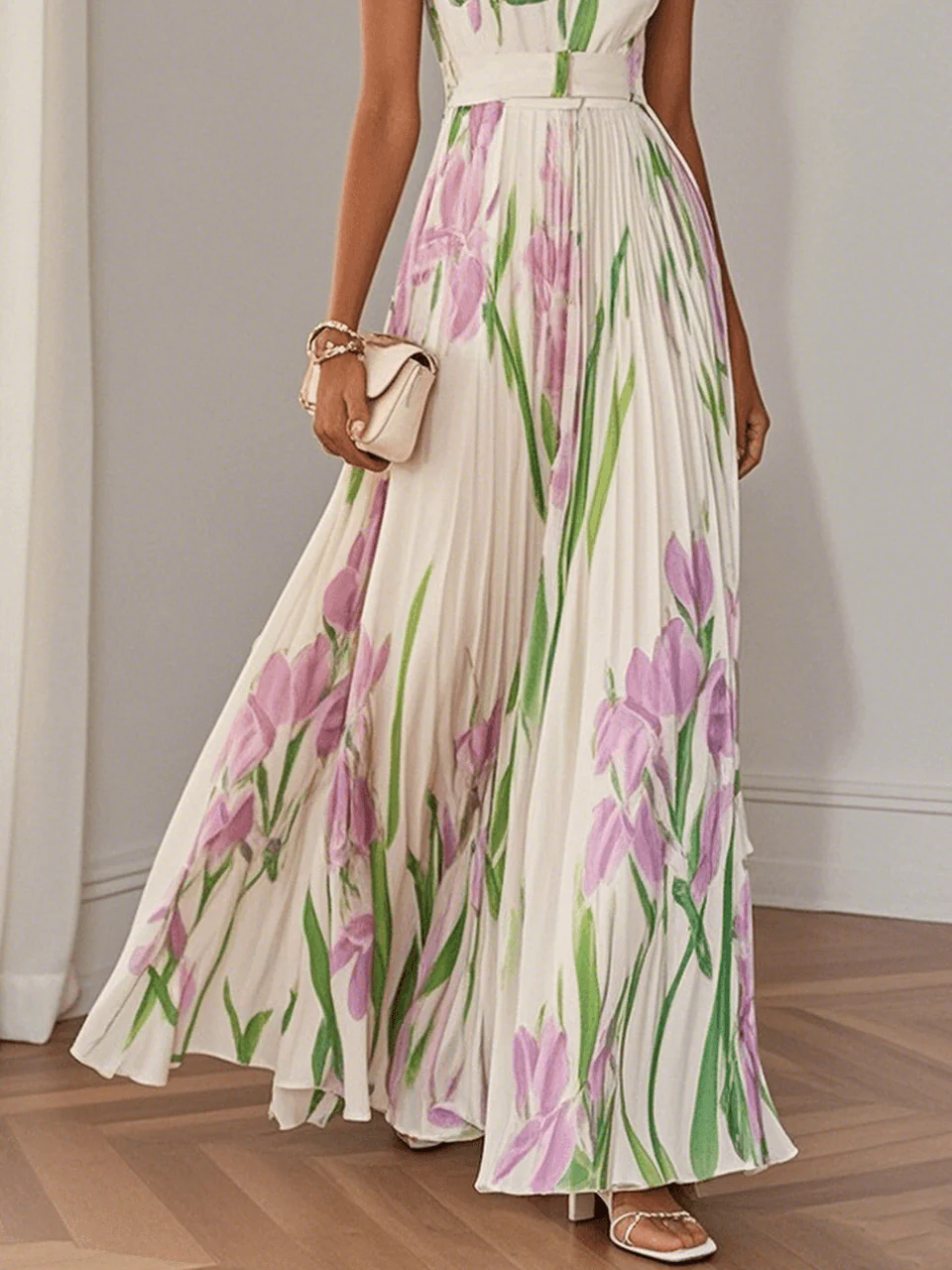 White Pleated Floral Chiffon Square Neck Sleeveless A-Line Maxi Dress White Pleated Floral Chiffon Square Neck Sleeveless A-Line Maxi Dress