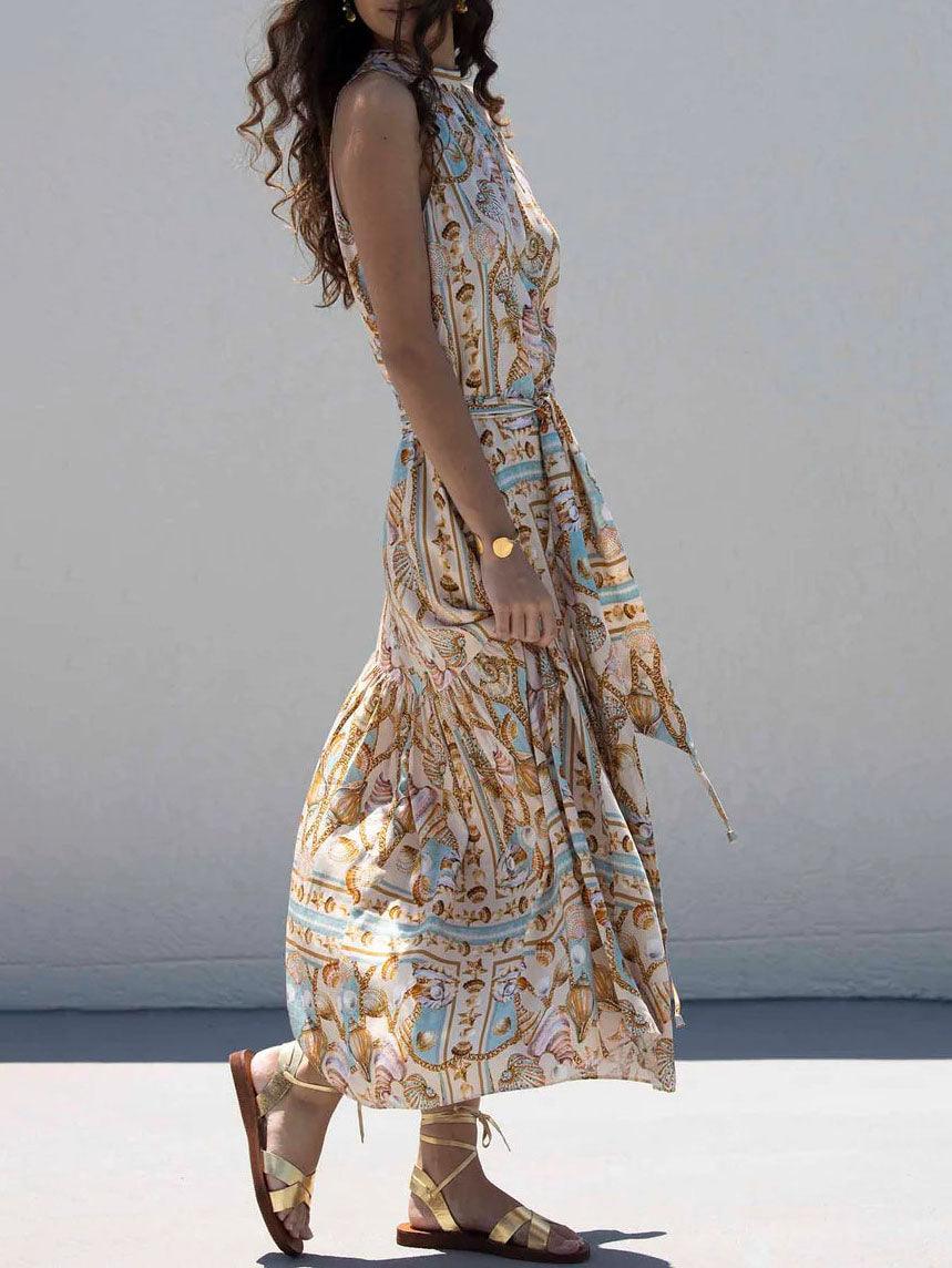 Exquisite Satin Ocean Treasure Print Maxi Dress Exquisite Satin Ocean Treasure Print Maxi Dress