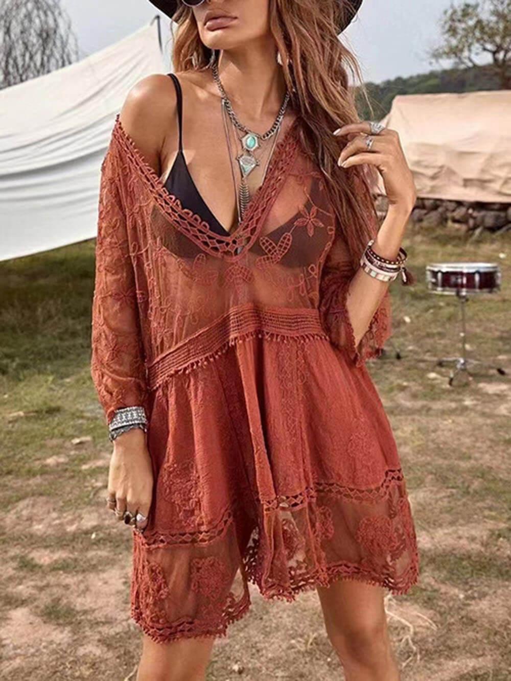 Loose Lace Beach Vacation Bikini Cover-Up Dress Loose Lace Beach Vacation Bikini Cover-Up Dress