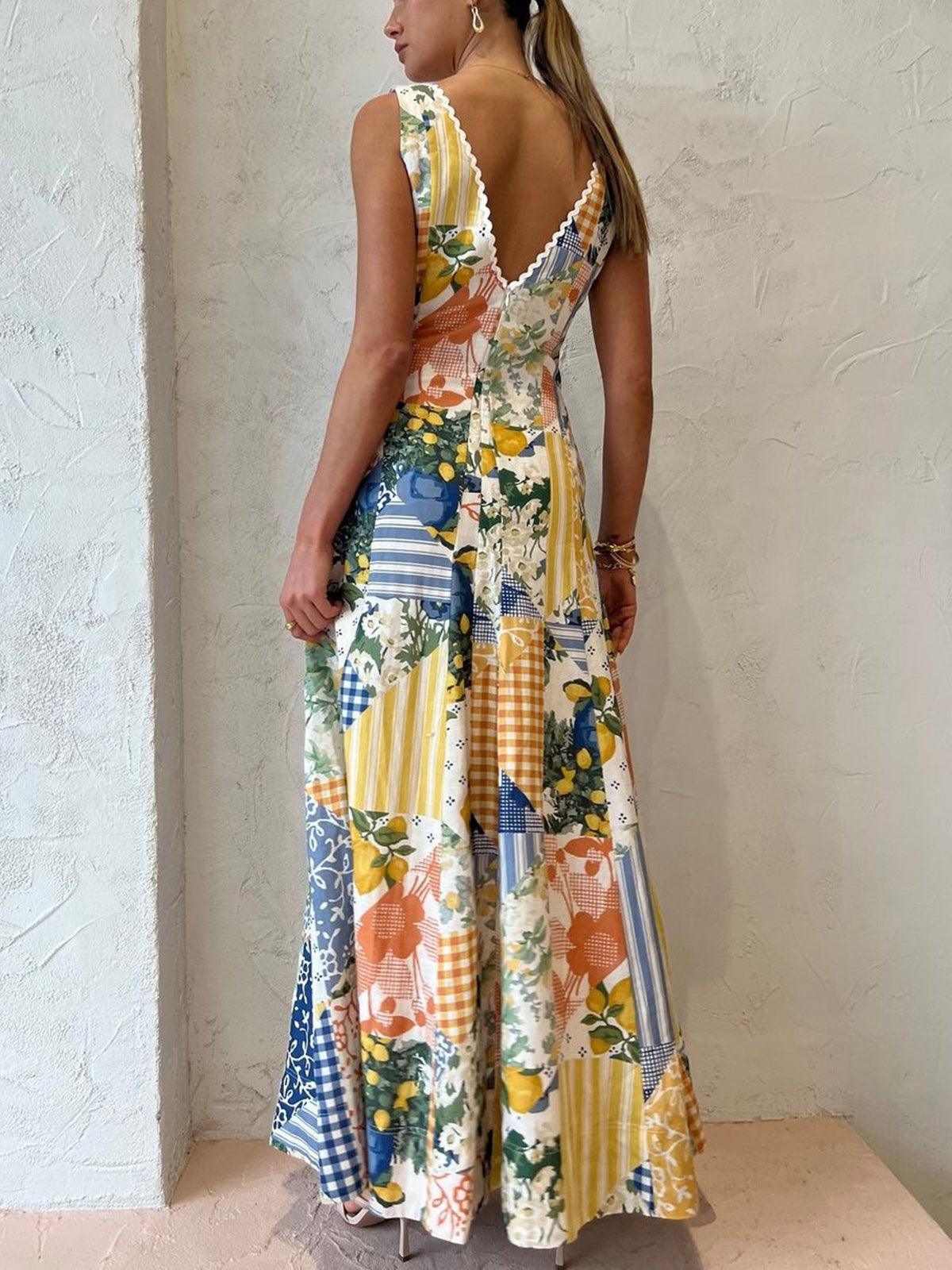 Lemonade Print Lace Trim Long Dress Lemonade Print Lace Trim Long Dress