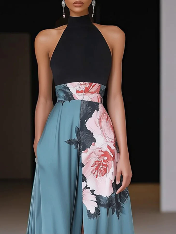 Black Slit Floral Classic Crew Neck Sleeveless A-Line Maxi Dress Black Slit Floral Classic Crew Neck Sleeveless A-Line Maxi Dress
