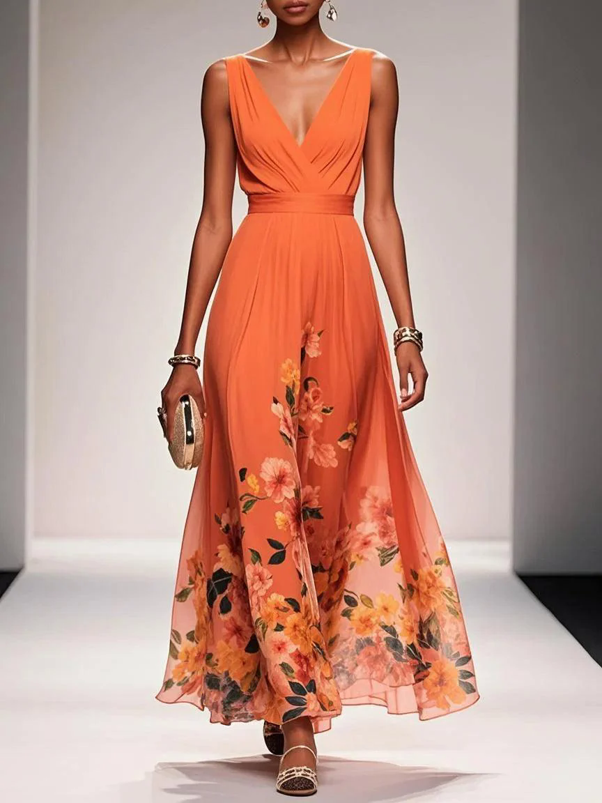 Light Blue Floral Chiffon V Neck Sleeveless A-Line Maxi Dress Light Blue Floral Chiffon V Neck Sleeveless A-Line Maxi Dress