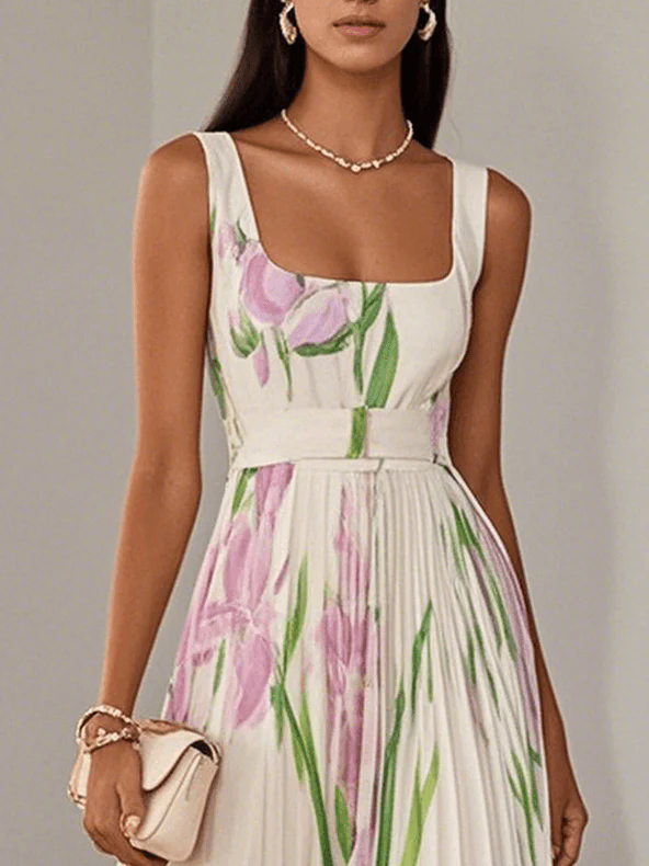White Pleated Floral Chiffon Square Neck Sleeveless A-Line Maxi Dress White Pleated Floral Chiffon Square Neck Sleeveless A-Line Maxi Dress