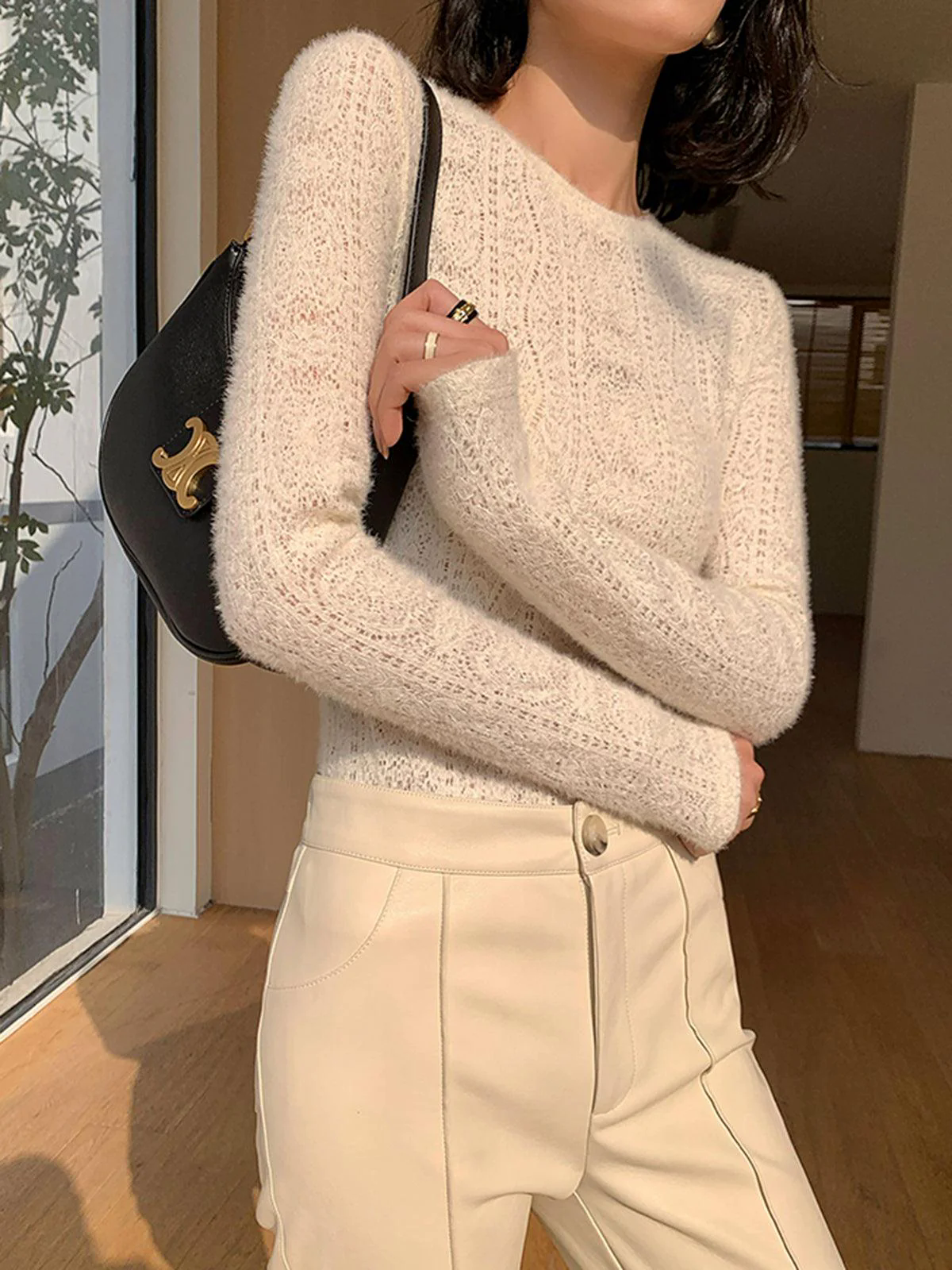 Floral Hollow Knit Crew Neck Long Sleeve Top Floral Hollow Knit Crew Neck Long Sleeve Top