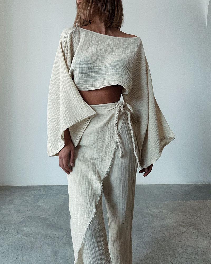 Woven lace-up cotton and linen two-piece set Woven lace-up cotton and linen two-piece set