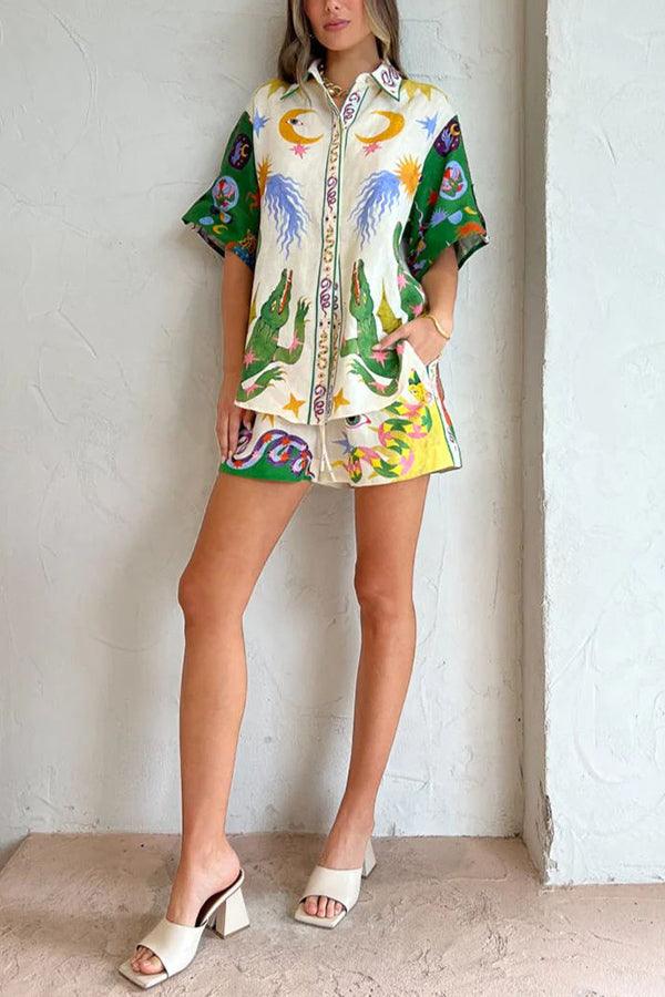 Days of Heaven Linen Blend Unique Print Blouse and Elastic Waist Pocketed Shorts Set Days of Heaven Linen Blend Unique Print Blouse and Elastic Waist Pocketed Shorts Set