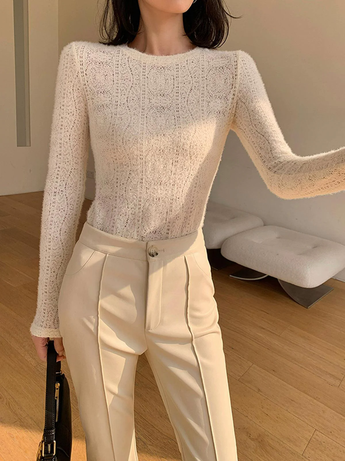 Floral Hollow Knit Crew Neck Long Sleeve Top Floral Hollow Knit Crew Neck Long Sleeve Top