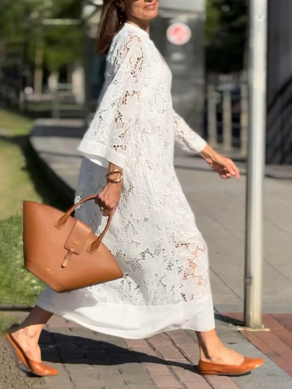 Flower Lace V-Neck Bell Sleeve Loose Midi Dress Flower Lace V-Neck Bell Sleeve Loose Midi Dress