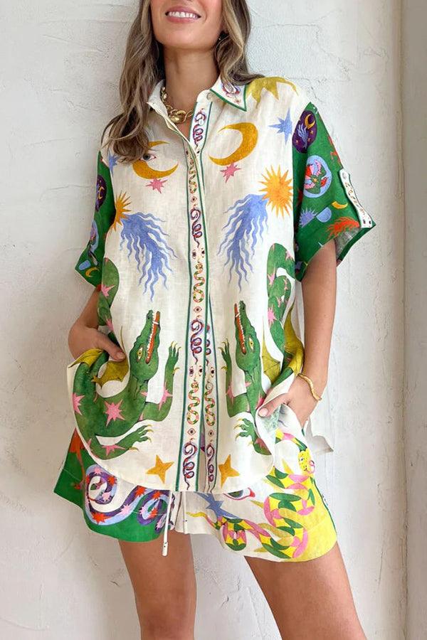 Days of Heaven Linen Blend Unique Print Blouse and Elastic Waist Pocketed Shorts Set Days of Heaven Linen Blend Unique Print Blouse and Elastic Waist Pocketed Shorts Set