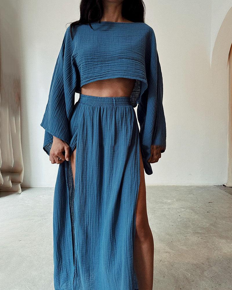 Chic slit cotton and linen casual two-piece set Chic slit cotton and linen casual two-piece set