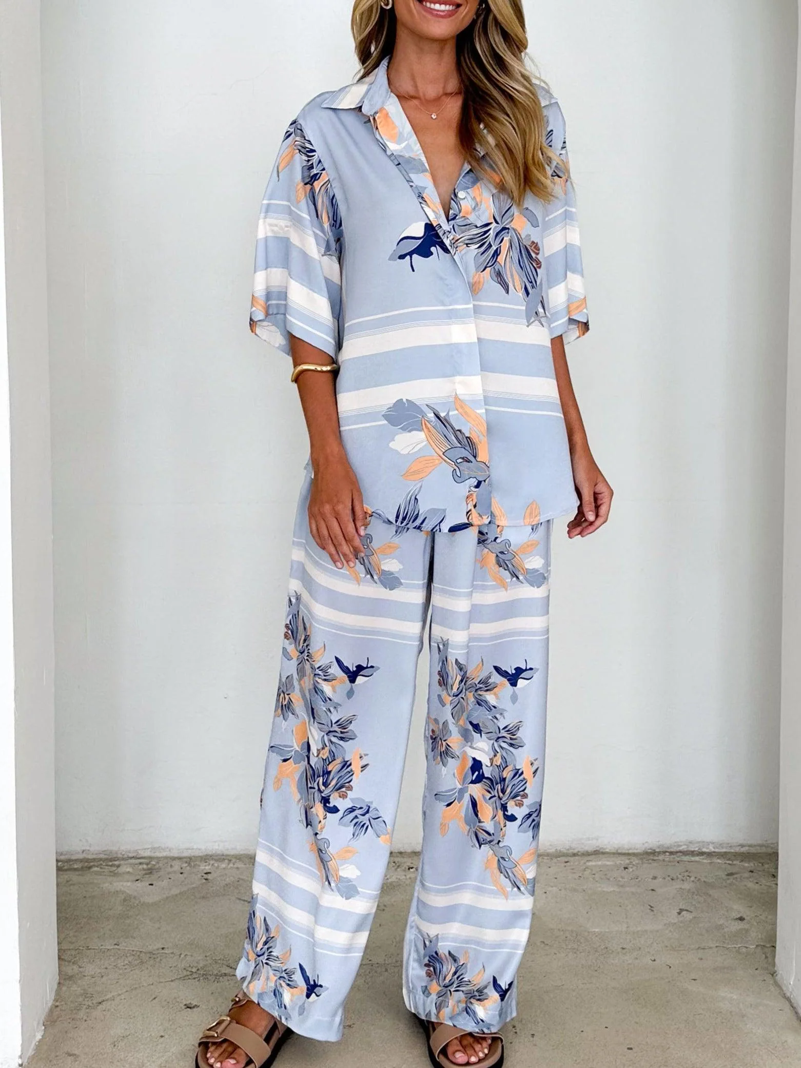 Powder Blue Floral Casual Loose Shirt and Trousers Set Powder Blue Floral Casual Loose Shirt and Trousers Set