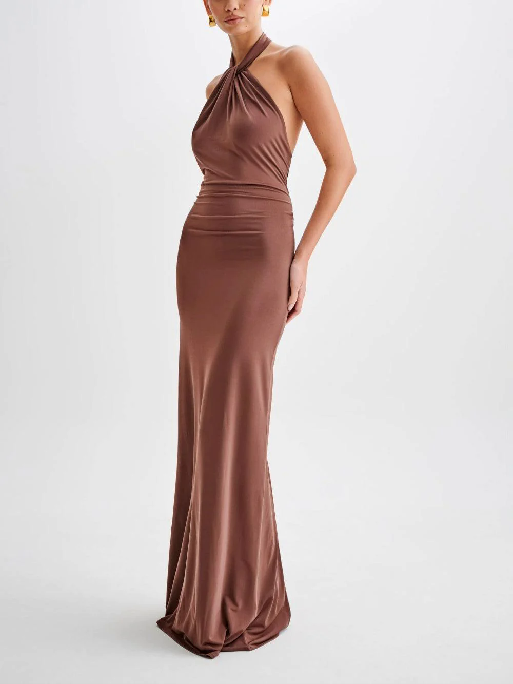 Slinky Halter Maxi Dress - Brown Slinky Halter Maxi Dress - Brown