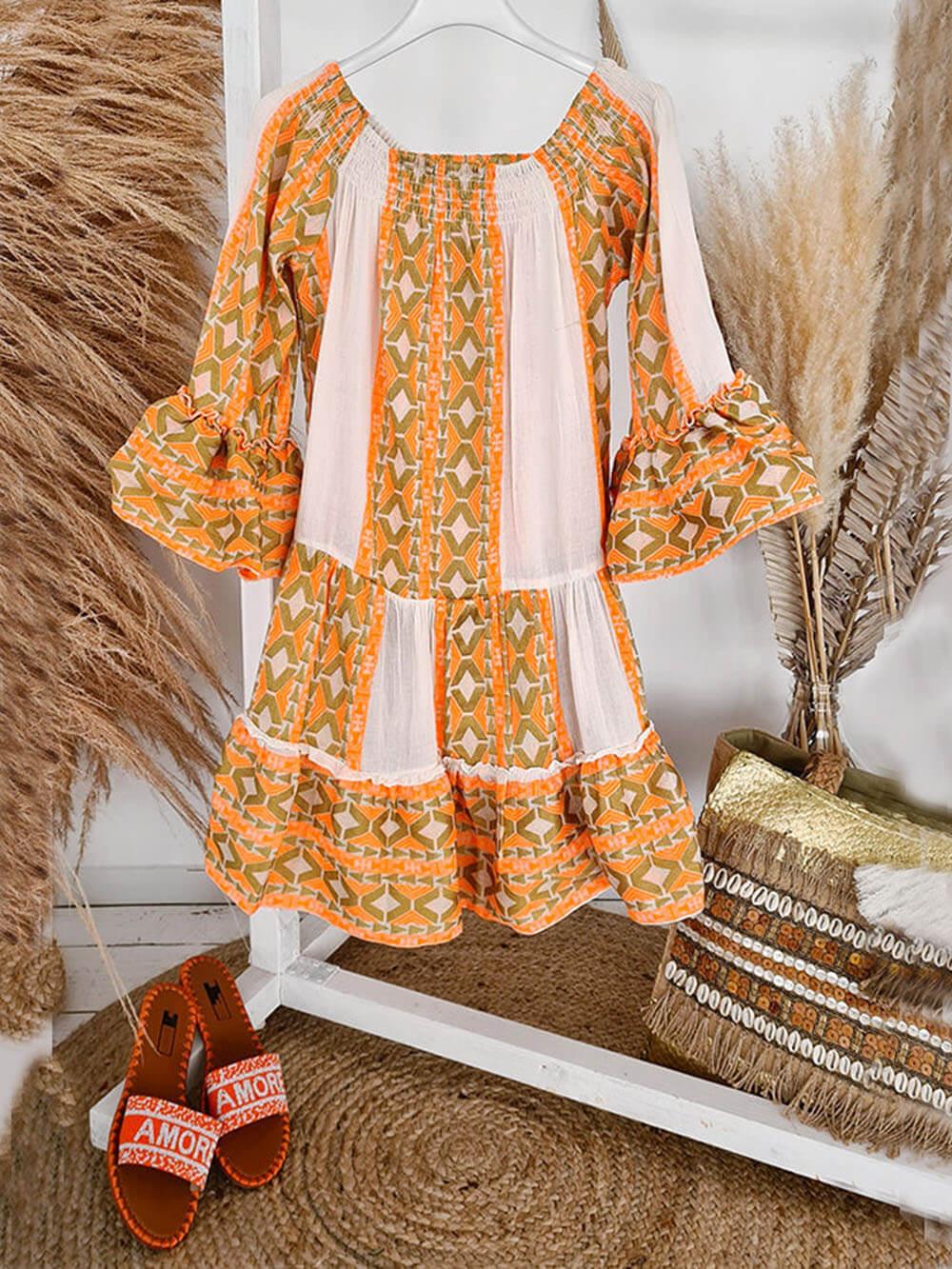 Ethnic Print Linen Blend Off Shoulder Loose Mini Dress Ethnic Print Linen Blend Off Shoulder Loose Mini Dress