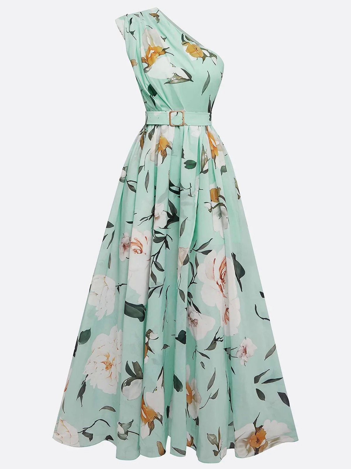 Light Green Floral Ruched One Shoulder A-Line Maxi Chiffon Dress Light Green Floral Ruched One Shoulder A-Line Maxi Chiffon Dress