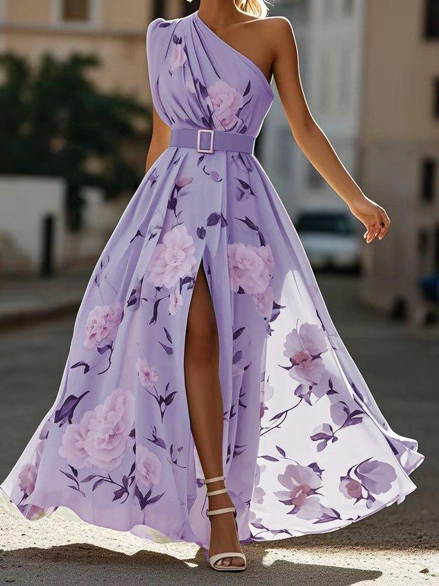 Light Green Floral Ruched One Shoulder A-Line Maxi Chiffon Dress Light Green Floral Ruched One Shoulder A-Line Maxi Chiffon Dress