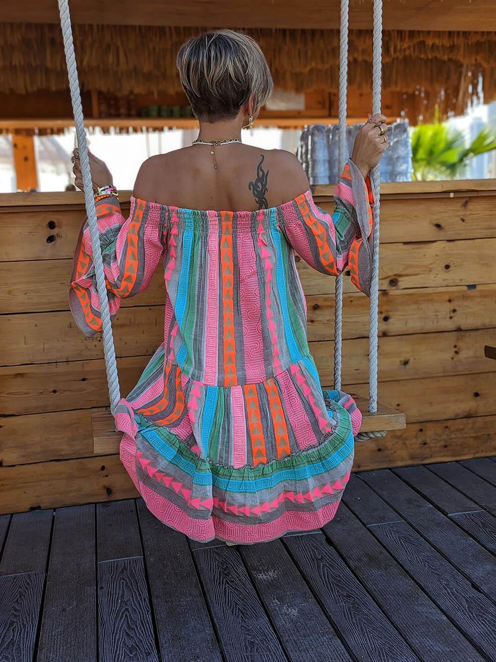 Ethnic Print Linen Blend Off Shoulder Loose Mini Dress Ethnic Print Linen Blend Off Shoulder Loose Mini Dress