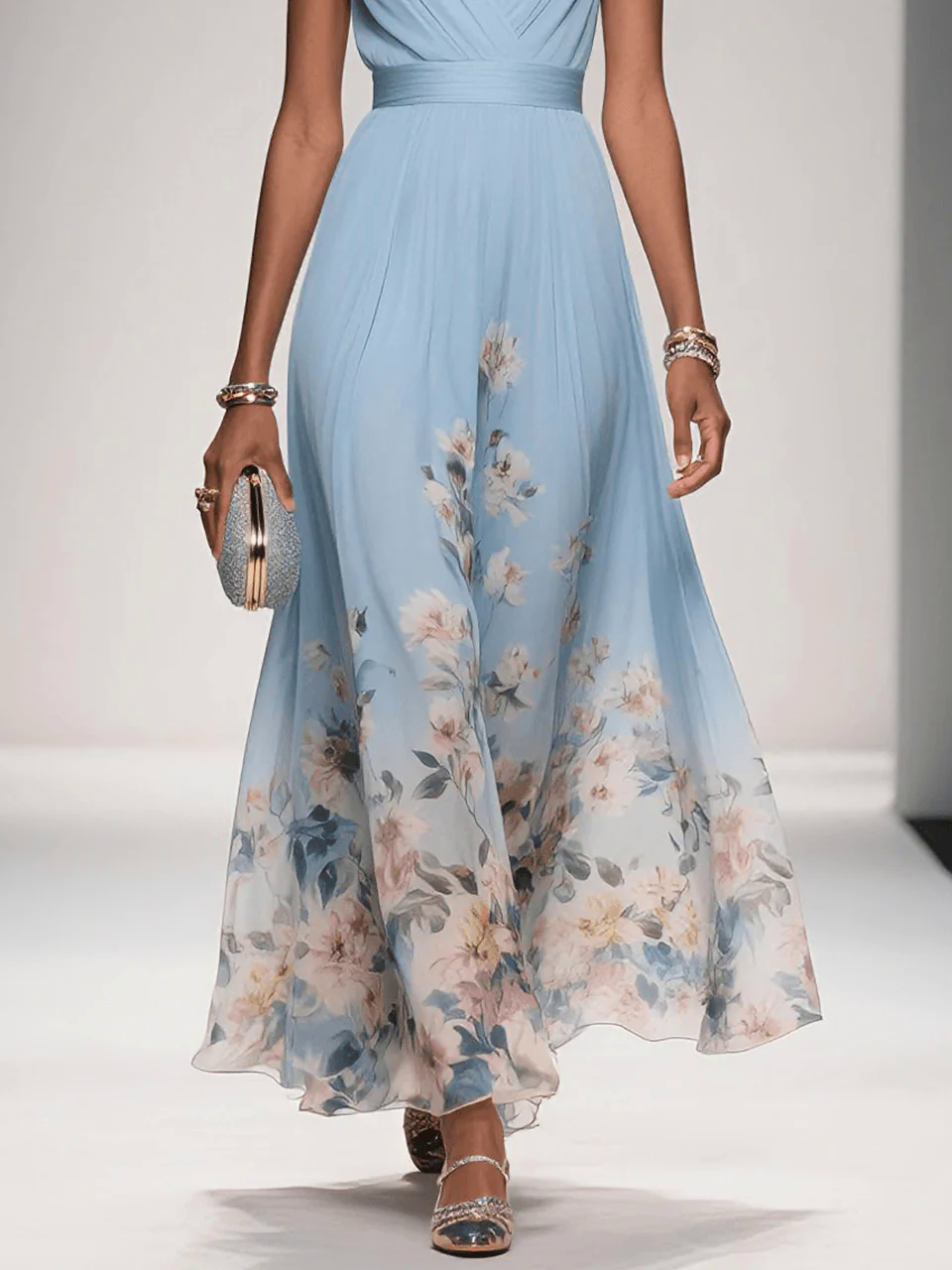 Light Blue Floral Chiffon V Neck Sleeveless A-Line Maxi Dress Light Blue Floral Chiffon V Neck Sleeveless A-Line Maxi Dress